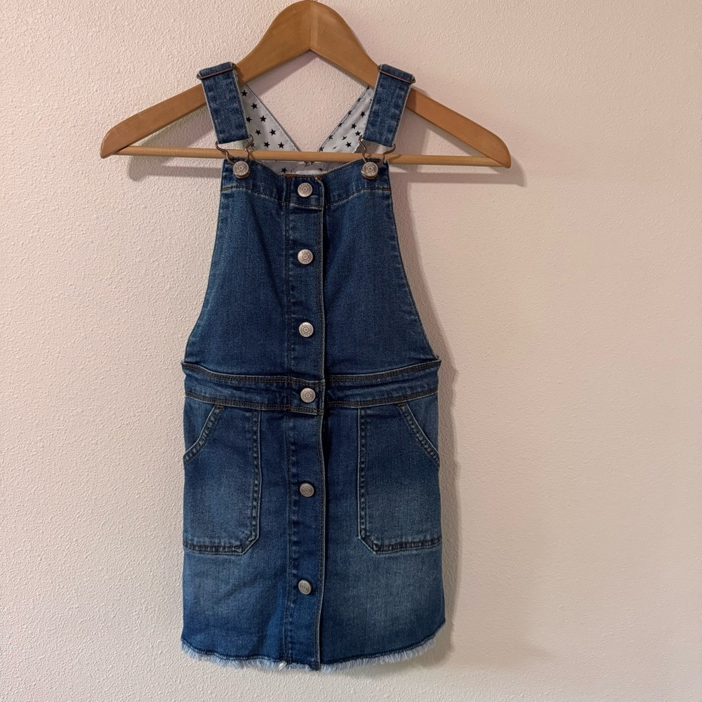 Mini Boden Button Through Dungaree Dress Blue Stretch Denim Overall Western 7-8Y - Picture 2 of 9